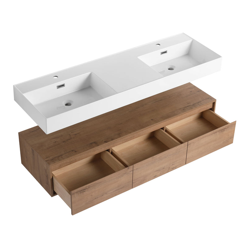Contemporary Wall Mounted Bathroom Vanity With Dual Resin Sink And Soft Close Drawer