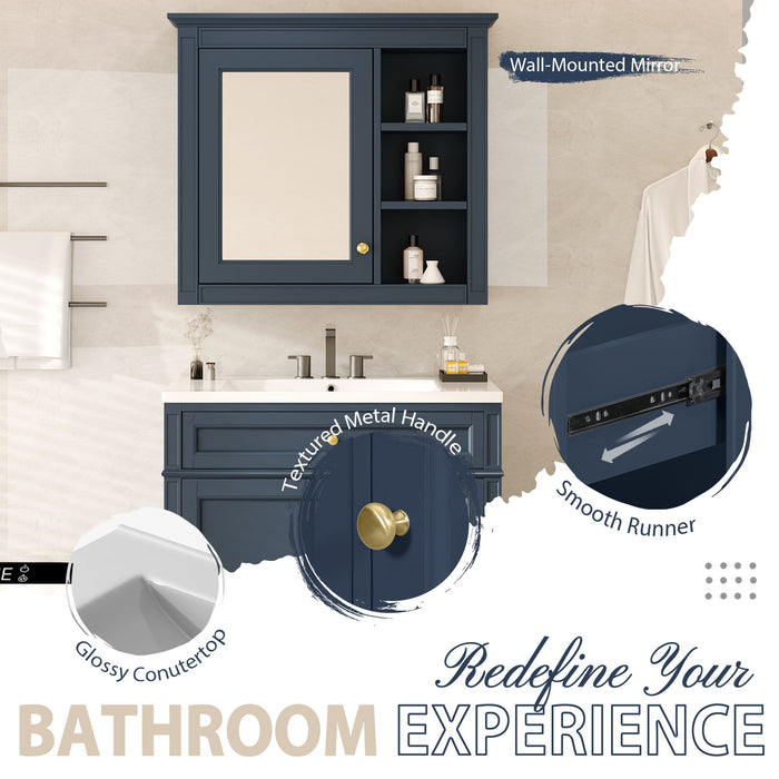 Bathroom Vanity With Top Sink, 2 Doors And 3 Drawers, Freestanding Set With Mirror Cabinet