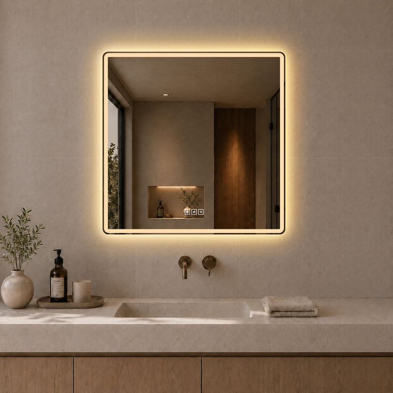 36 X 36 LED Bathroom Mirror With Dimmable Frosted Light Band, 3 Color Temperatures, Anti Fog, Memory & Auto Off - Silver