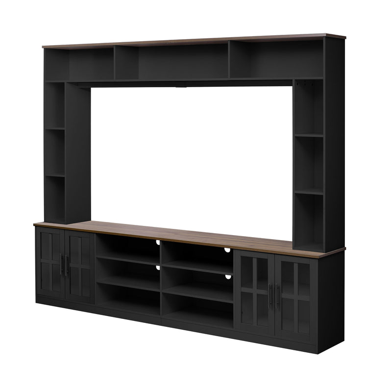 Wall Unit Entertainment Center With Bookshelves For TVs Up To 80", Tempered Glass Doors And Adjustable Shelves