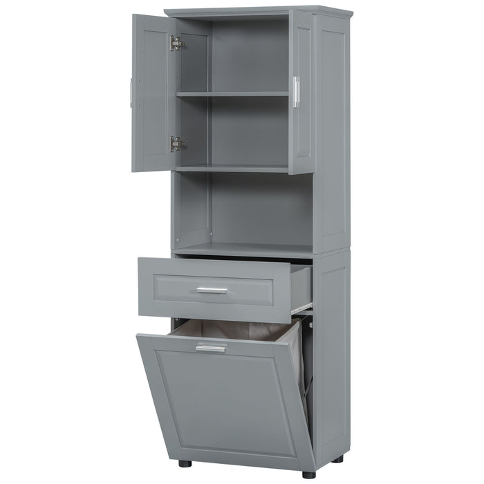 Tall Bathroom Cabinet With Tilt-Out Laundry Basket And Upper Storage