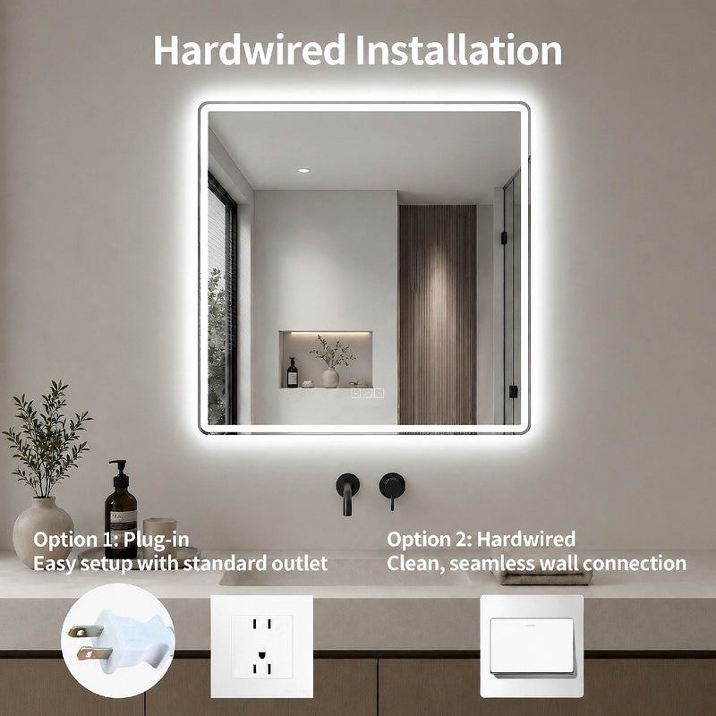 36 X 36 LED Bathroom Mirror With Dimmable Frosted Light Band, 3 Color Temperatures, Anti Fog, Memory & Auto Off - Silver