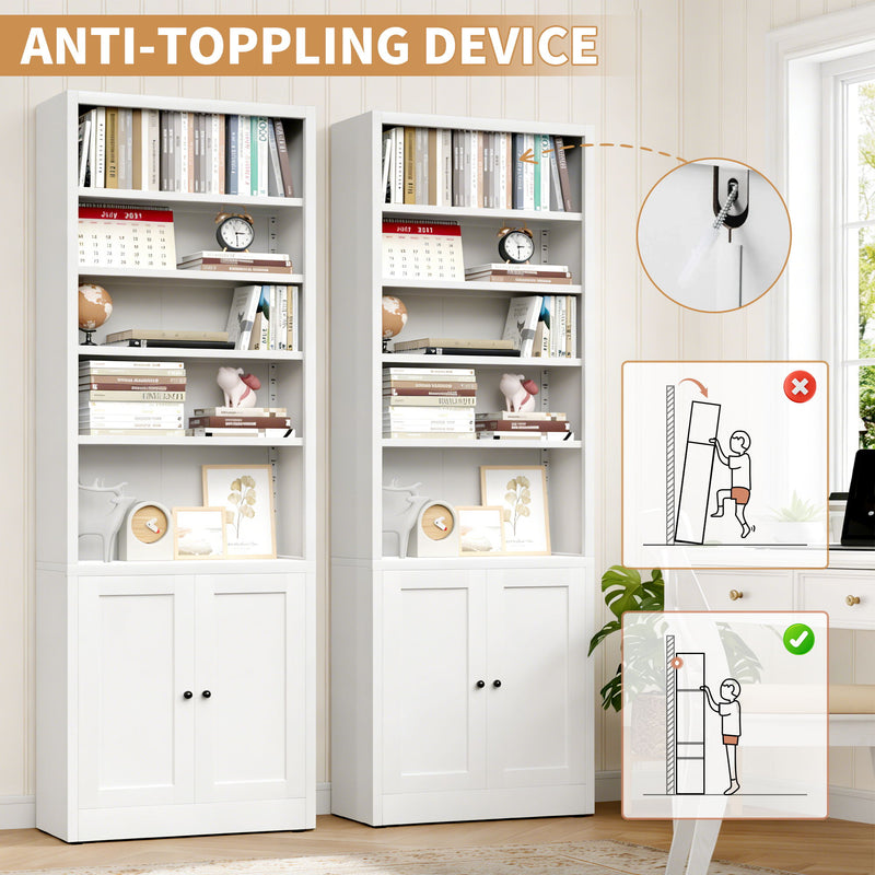 Bookcase Tall 5-Tier Adjustable Storage Shelf With Door Deep - White