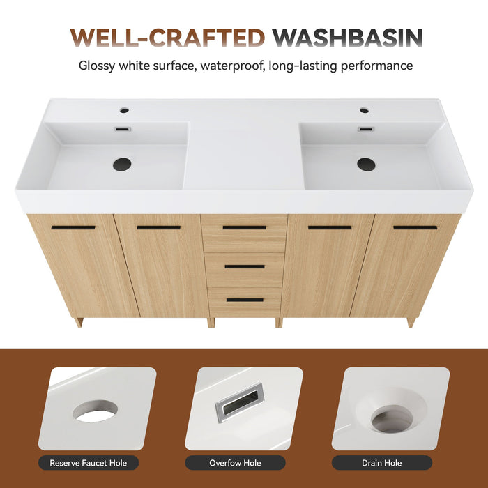 Double Sink Bathroom Vanity With 3 Drawers, Large Storage, Integrated Sink, Freestanding Cabinet, Soft Close Hardware - Glossy White / Light Oak