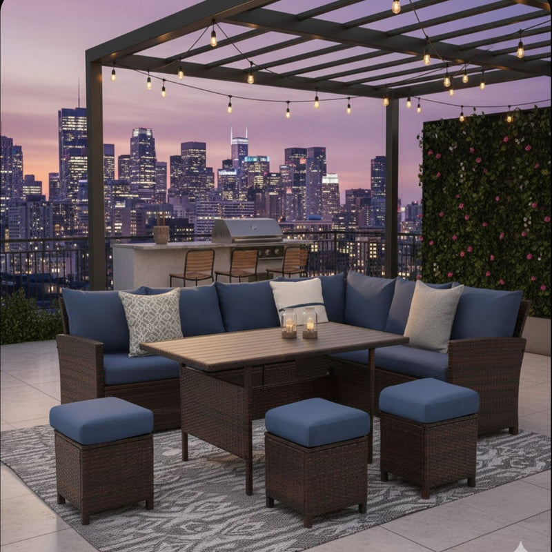7 Piece Patio Dining Set With Cushions, Modular Sectional Sofa & Storage Table