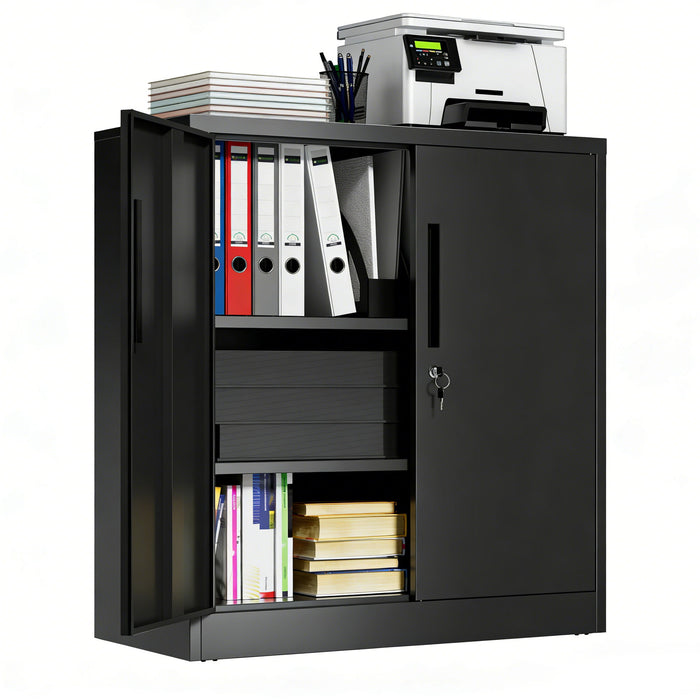 Heavy Duty Storage Cabinet With Lock, 2 Door File Cabinet With 2 Adjustable Shelves - Black