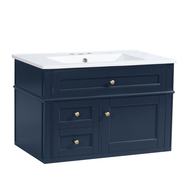 Wall Mounted Bathroom Vanity With 2 Drawers, 1 Tip Out Drawer, 3 Holes Sink