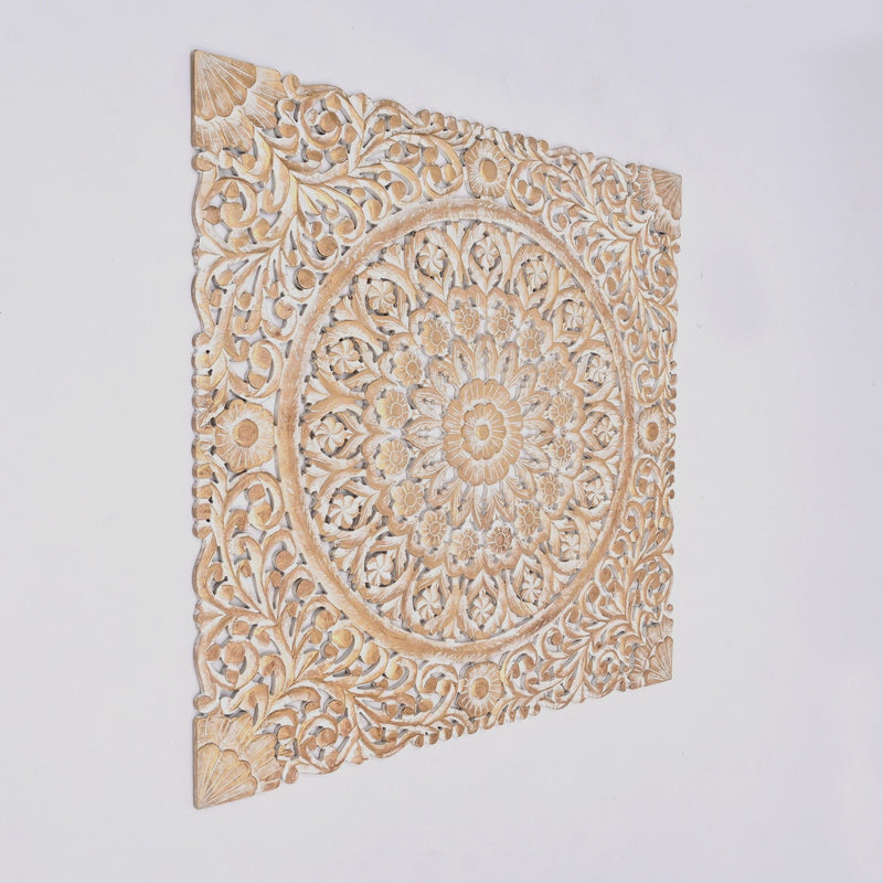 Floral Hand Carved Mandala Square Wall Decor With Spiritual Symbolism - Gold / White