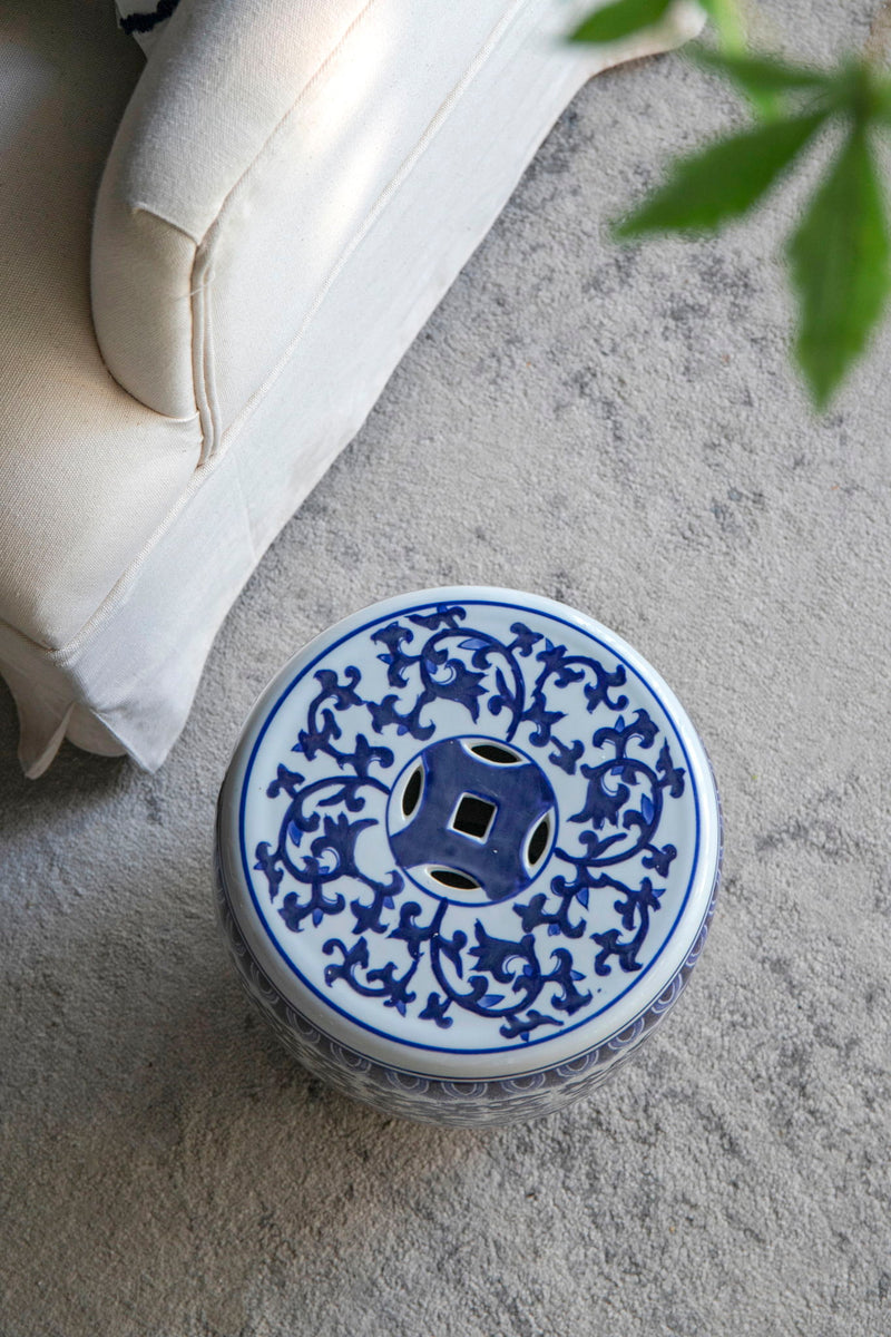 Ceramic Garden Stool, Small Side Tabel - White / Blue