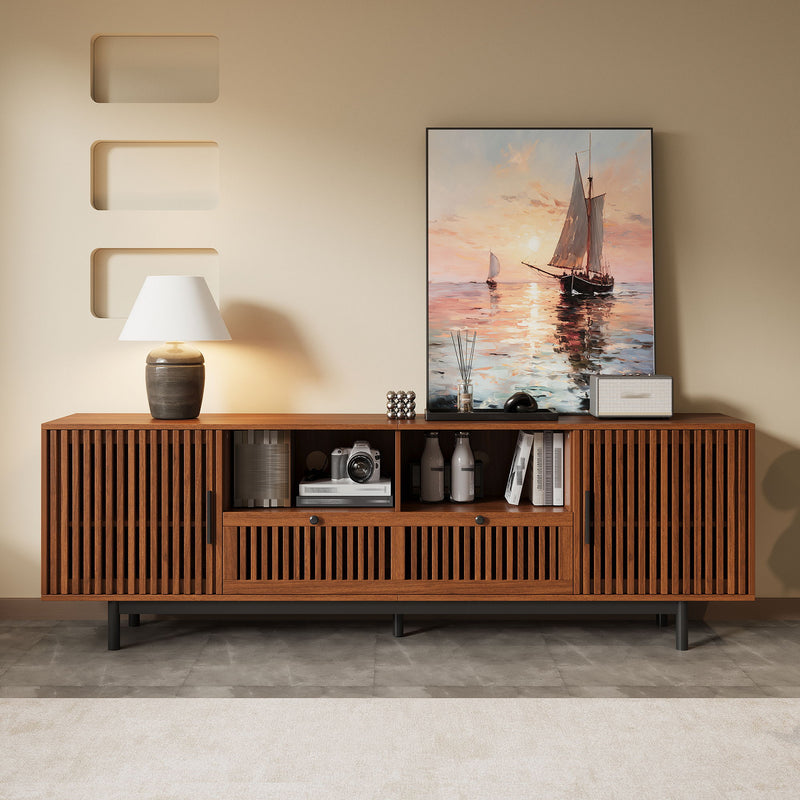TV Stand, Entertainment Center With Slatted Doors, Cable Management, Soft Closing Hinges - Walnut