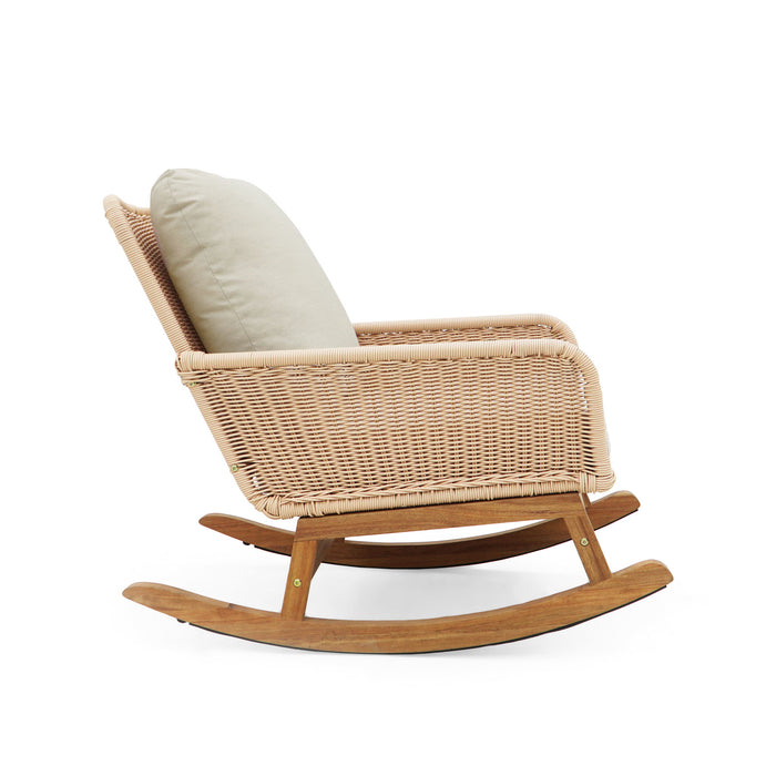 Modern 3 Piece Outdoor Seating Set With Cushioned Rattan Rocking Chairs And Wooden Accent Table