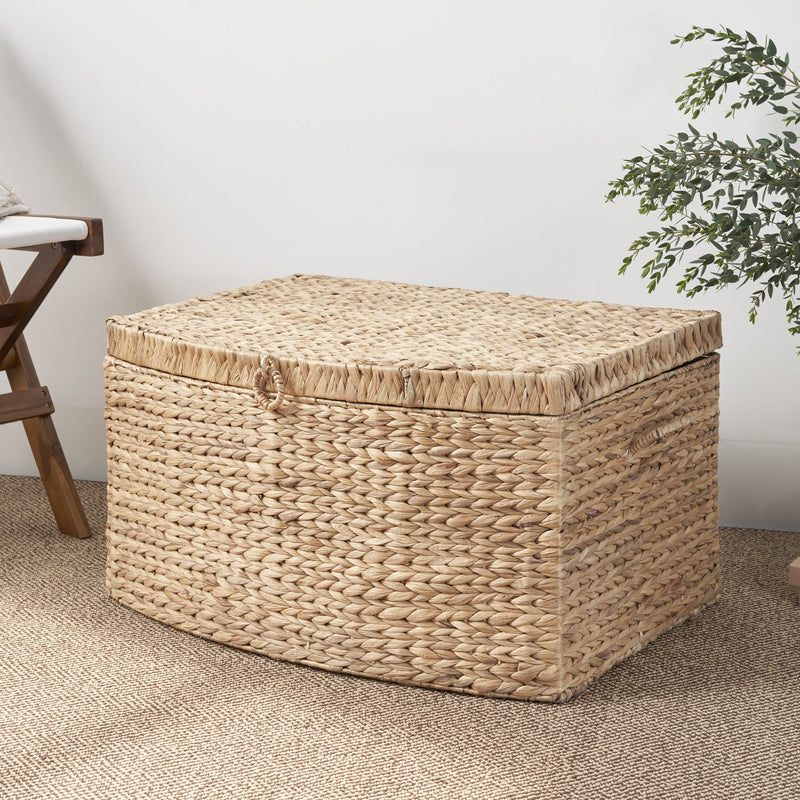 Rectangular Curve Water Hyacinth Woven Wicker Trunk With Handles For Clothes Toys Magazines And Book Storage - Natural / Light Brown