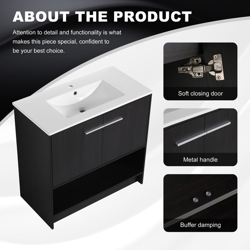 Modern Bathroom Vanity With Ceramic Sink, Freestanding Cabinet, Soft Closing Doors