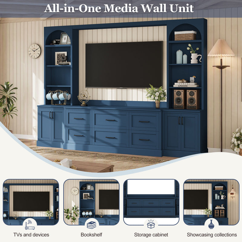 Arched Entertainment Center Wall Unit With 6 Drawers, Large TV Stand With Bookshelves