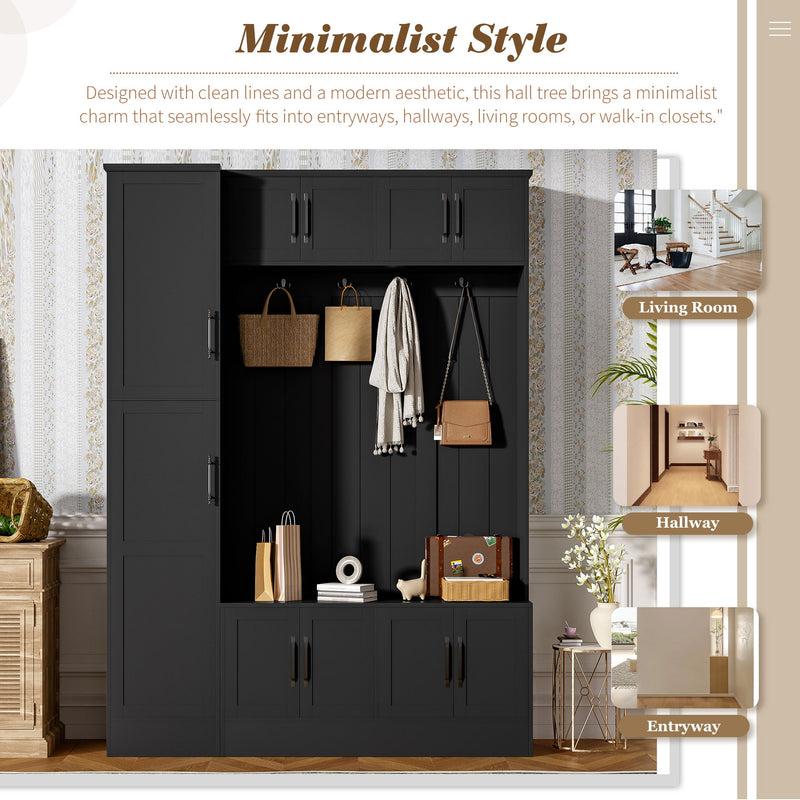 Tall Hall Tree With Shoe Storage, 4 In 1 Entryway Bench With 6 Cabinets, 4 Coat Hooks & Adjustable Shelf For Hallway - Black