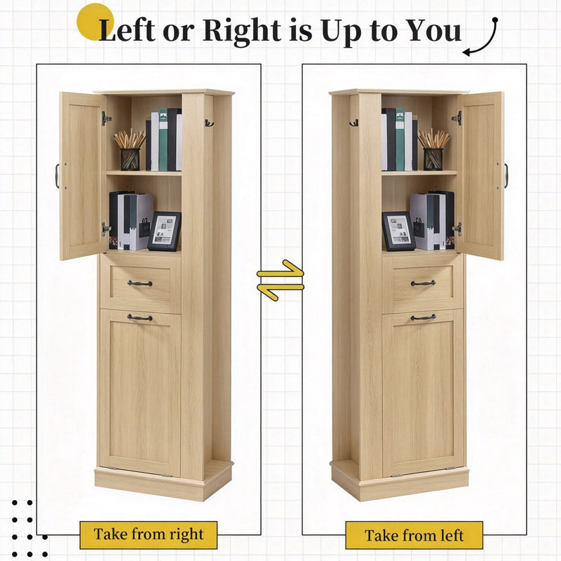 Tall Storage Cabinet With Tilt Out Compartment, Adjustable Shelves, Soft Close Hinges - Natural