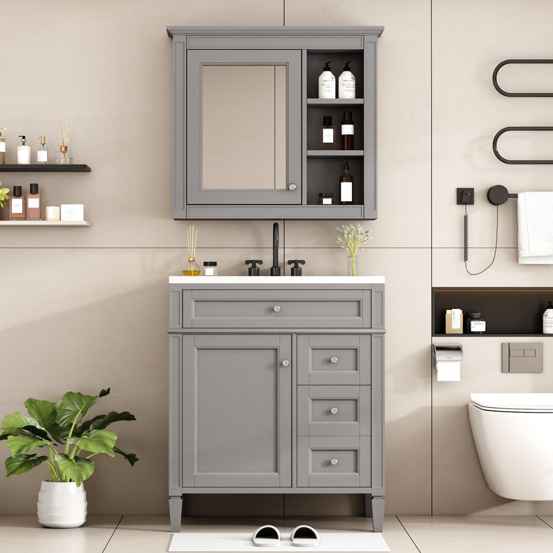 Bathroom Vanity With Top Sink, Freestanding Storage Cabinet With 2 Doors And 3 Drawers, Mirror Cabinet Included - Gray