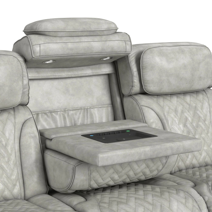 Prime Time P3 Sofa with DDT, 3.0 Table, 7 Colors (LED and Cup Holders), Reading Light, Vibration, speaker, and Heat Massage in Leather Gel Light Grey