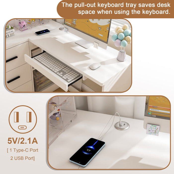 L-Shaped Computer Desk With Glass Cabinets, Built In LED Lights, USB Charging Ports