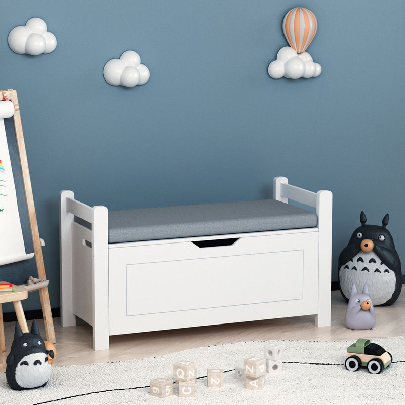 Kids Toy Box Chest Storage Cabinet With Cushion Seat Bench Flip Top Lid Safety Hinge - White
