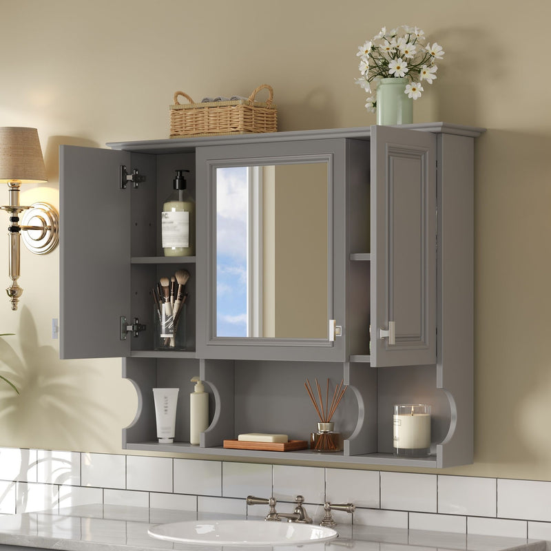 Wall Mounted Bathroom Medicine Wall Cabinet With Mirror & Open Shelves