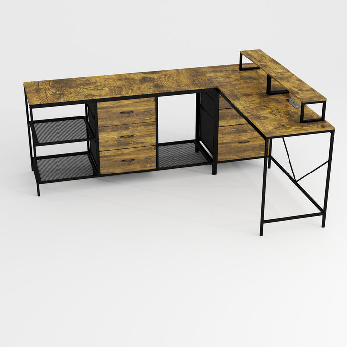 Industrial L Shaped Computer Desk With Power Outlets & USB-C, 6 Fabric Drawers, 3 Open Shelves, Movable Monitor Stands - Brown