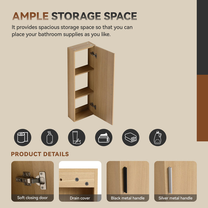Floating Double Sink Bathroom Vanity Set With Tall Linen Cabinet, Drawers And Doors, Extra Large Storage, Integrated Sink, Soft Close Hardware - Glossy White / Light Oak