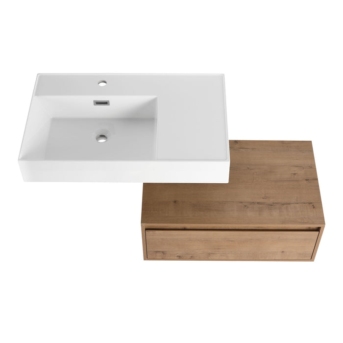 Modern Wall Mounted Bathroom Vanity With Resin Sink And Soft Close Drawer - Imitative Oak