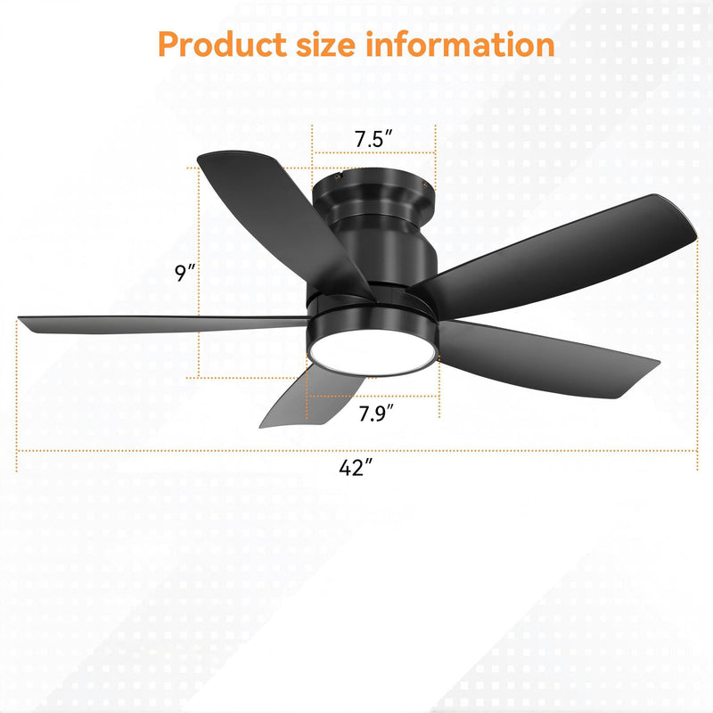 Flush Mount Ceiling Fan With LED Light 22W And Remote Control Blades For Indoor Use - Black