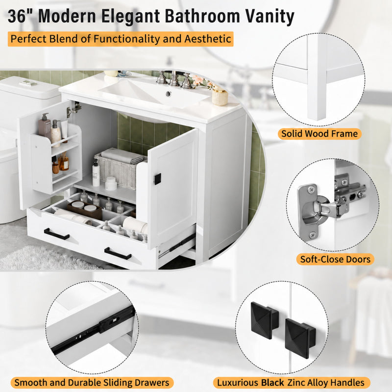 Bathroom Vanity With Sink, Soft Close Doors, Double Shelves & Divided Drawer