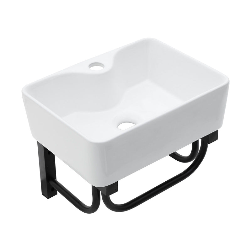 Rectangular Bathroom Sink With Towel Bar & Faucet Hole, Wall Mounted - White