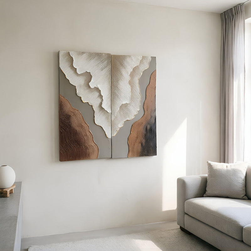 Abstract Wall Art, Textured Canvas Painting With Accents, Decor For Living Room (Set of 2) - Antique Brown / White