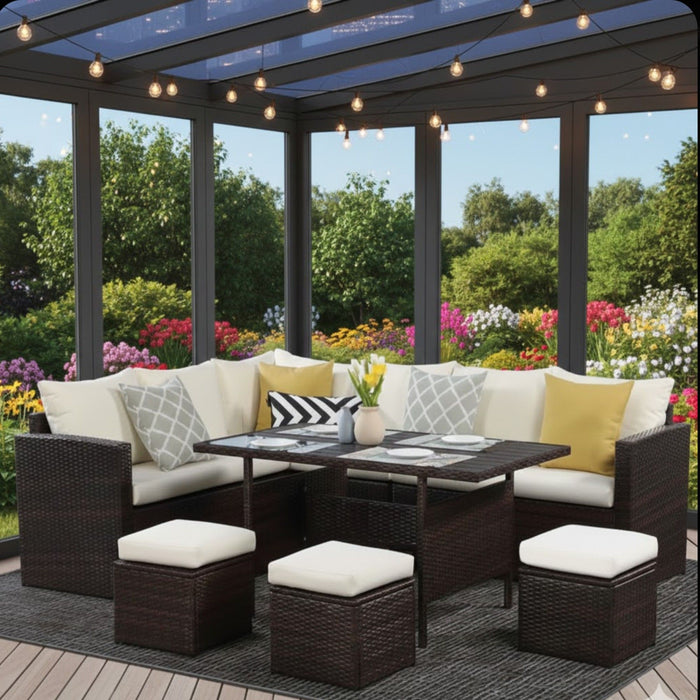 7 Piece Patio Dining Set With Cushions, Modular Sectional Sofa & Storage Table