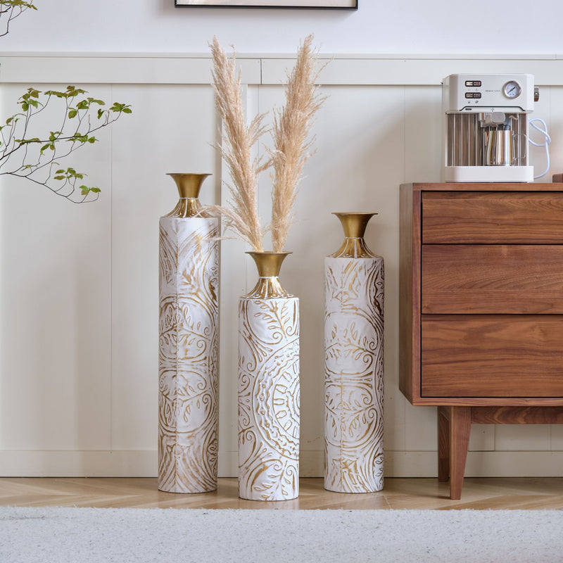 Floor Metal Vases Decorated Metal Vases (Set of 3) Gorgeous Home Decoration Large Glazed Metal Vases - White / Gold