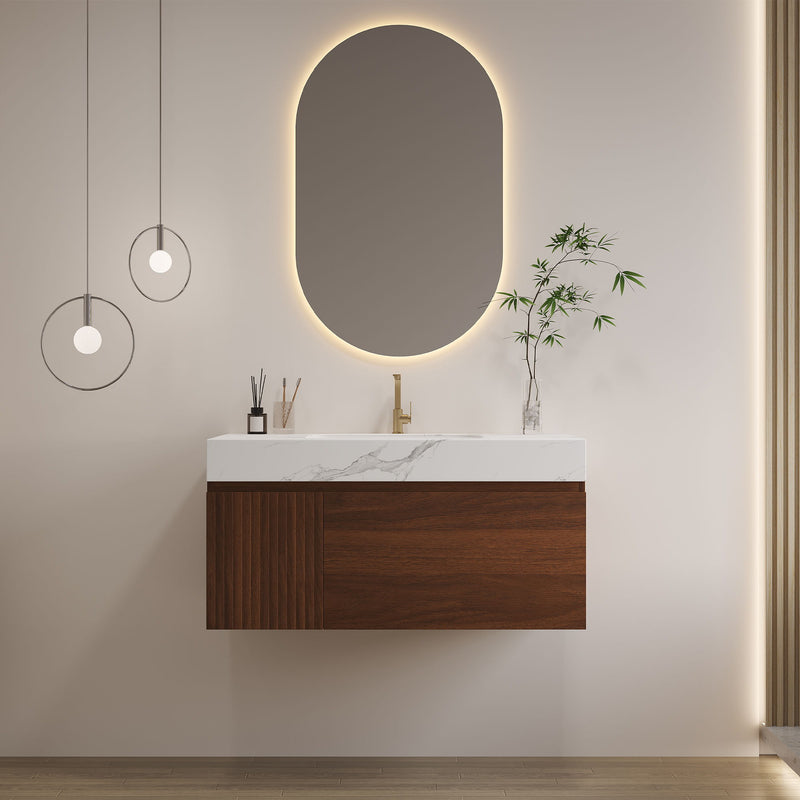 Floating Bathroom Vanity & Basin 1 Soft Close Drawer + 1 Cabinet, Wall Mounted - Walnut / White