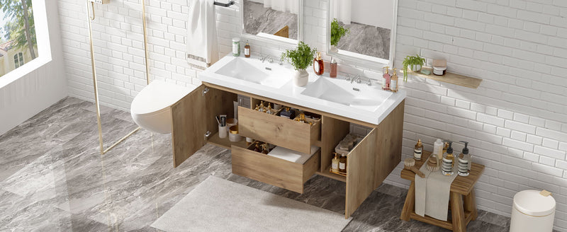 Double Sink Bathroom Vanity, Cabinet & Soft Close Doors, Divided Drawers, Wall Mounted Storage - Wood