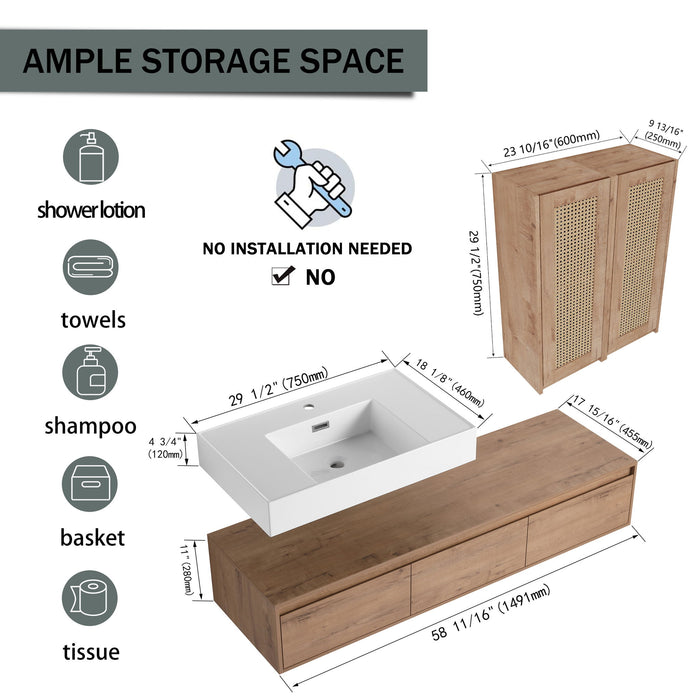 Modern Wall Mounted Bathroom Vanity With Resin Sink And 2 Side Cabinet, Construction - Imitative Oak