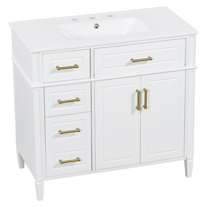 Bathroom Vanity With Sink, 4 Drawers (1 Flip Drawer), 2 Doors & Adjustable Shelf - White