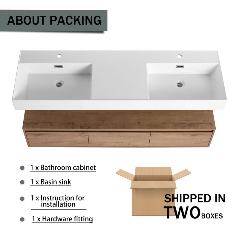 Contemporary Wall Mounted Bathroom Vanity With Dual Resin Sink And Soft Close Drawer