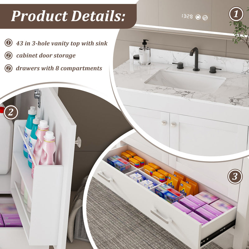 43" Bathroom Vanity With Artificial Marble Carrara Top Set, Multi Functional Bathroom Cabinet With Doors And Drawer - White