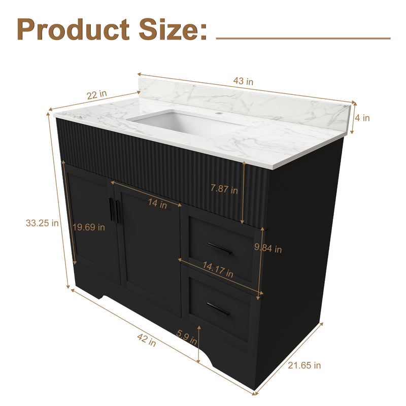Bathroom Vanity, Fluted Cabinet, Soft Close Doors & Drawers, Single Faucet Hole, Sink Included - Black
