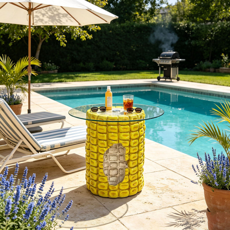17.32" High Novelty Corn Cob Side Table, 19.69" Wide Vegetable-Shaped End Table With Glass Top, Multi-Functional Accent Furniture For Home & Garden Decoration