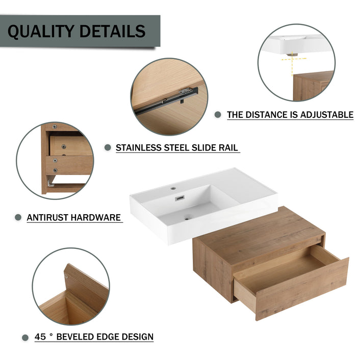 Modern Wall Mounted Bathroom Vanity With Resin Sink And Soft Close Drawer - Imitative Oak