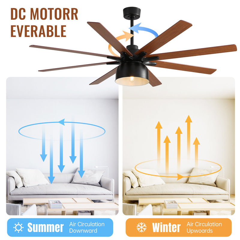 52" Ceiling Fan With 6 Speed Wind 8 Dual Colors Blades Remote Control Reversible DC Motor With Light - Black