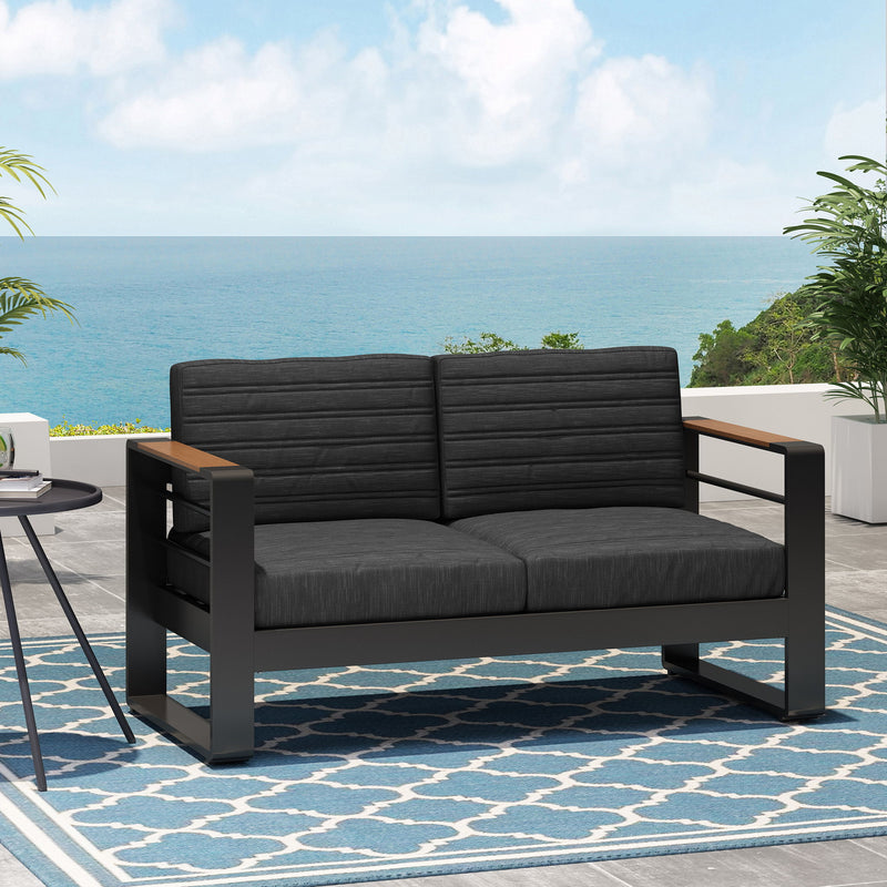 Loveseat With Slat Paneling And Aluminum Frame - Black