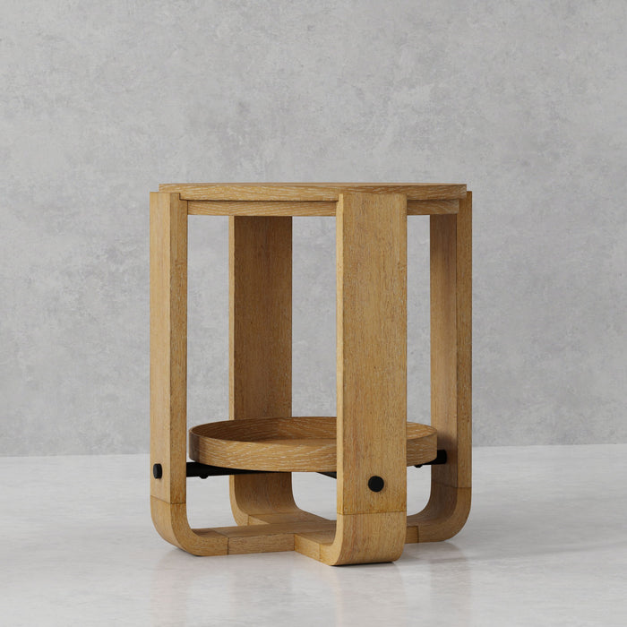 Escape - Round End Table With Shelf - Glazed Natural Oak / Black Metal Trim