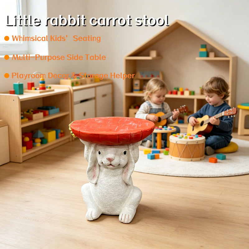 13.39" H X 11.61" W Bunny Side Table With Carrot Top, Cute Rabbit Plant Stand For Indoor & Outdoor Garden Decor