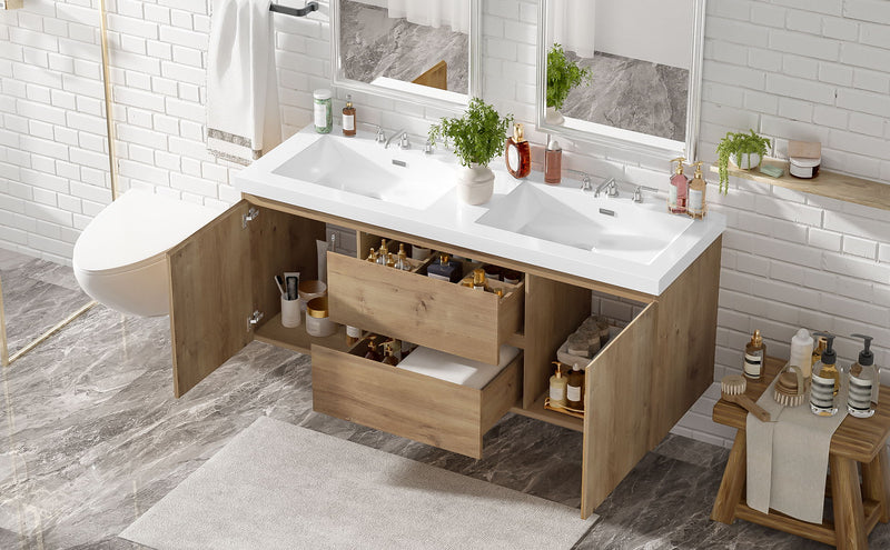 Double Sink Bathroom Vanity, Cabinet & Soft Close Doors, Divided Drawers, Wall Mounted Storage - Wood