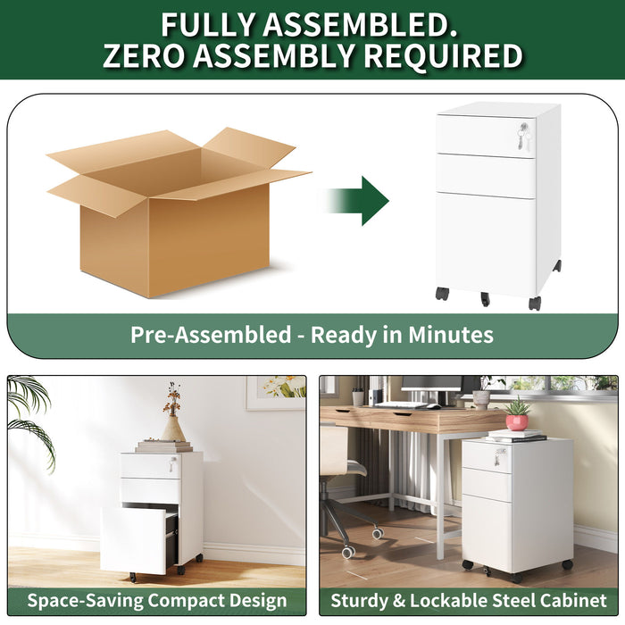 3-Drawer Mobile File Cabinet With Lock, On Wheels, Two Shallow & One Deep Drawer For Office/Home, Fully Assembled - White