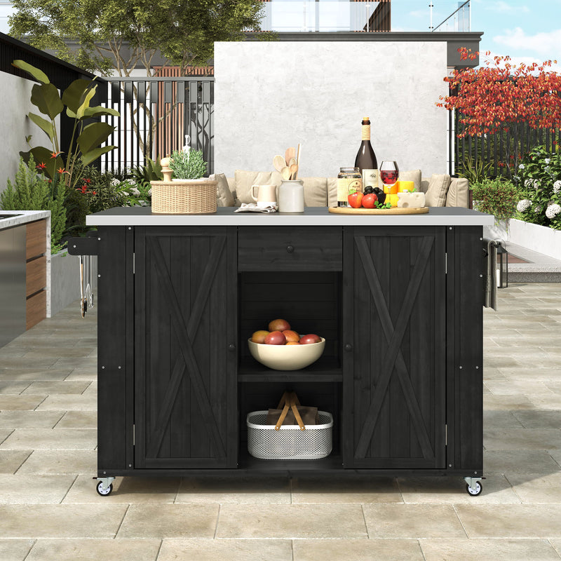 Outdoor Kitchen Island With Stainless Steel Top, Ample Storage Space, Towel And Spice Racks And A Bottle Opener